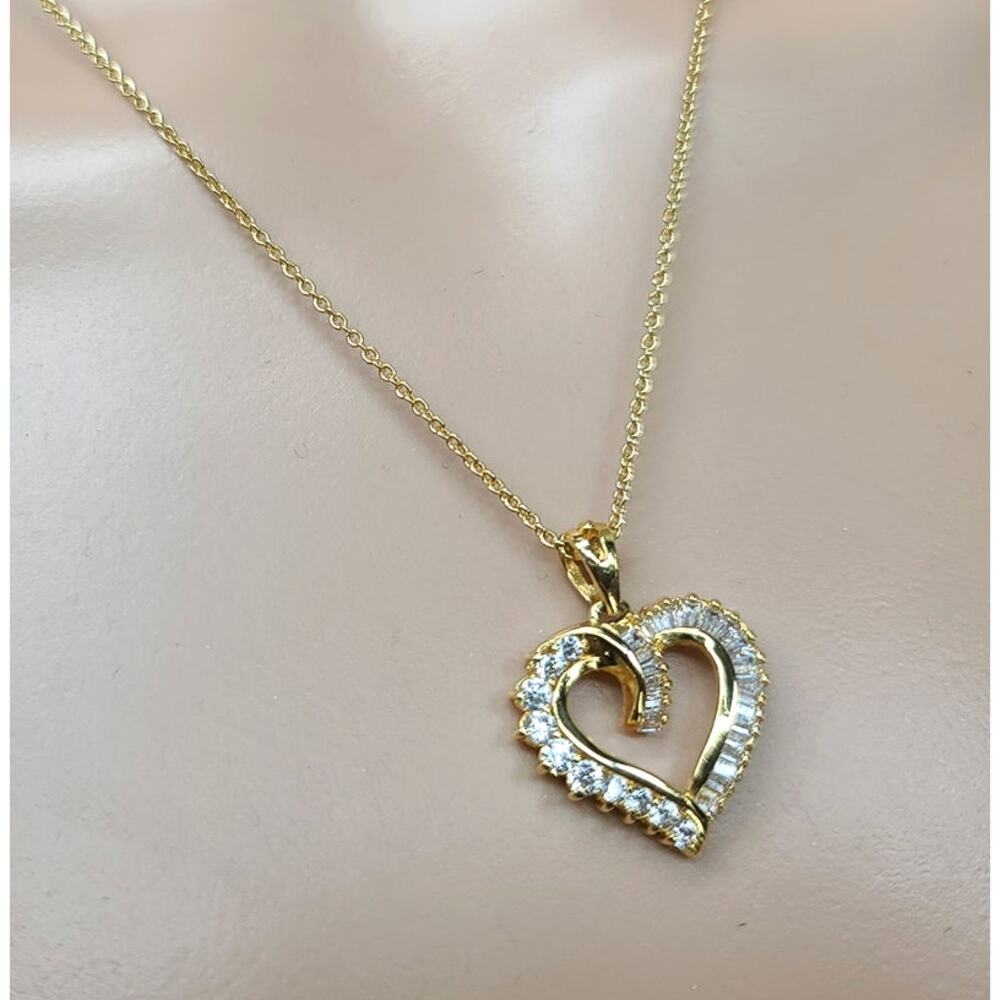 Round and Baguette Cut CZs Vermeil Gold Tone Heart Pendant & 17.5" Link Chain